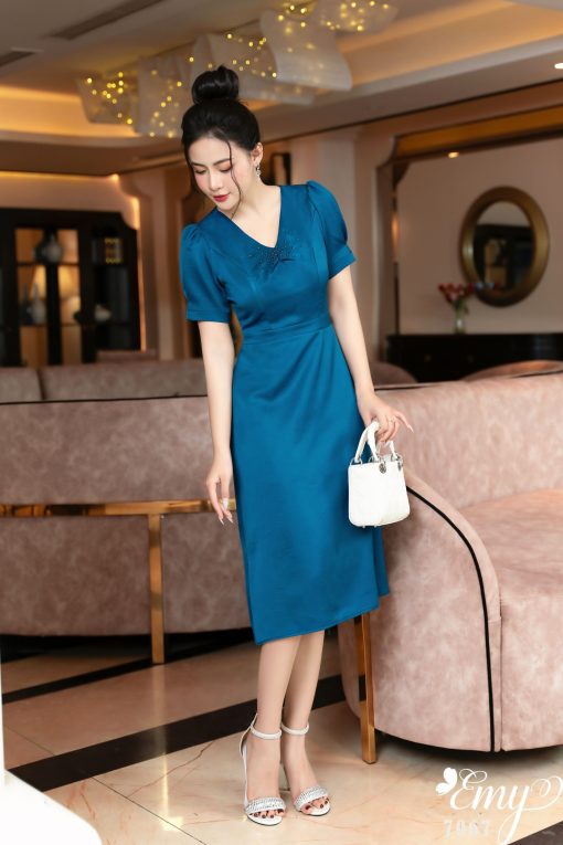 EM7067 Đầm Xoè Xanh Cát Nhung