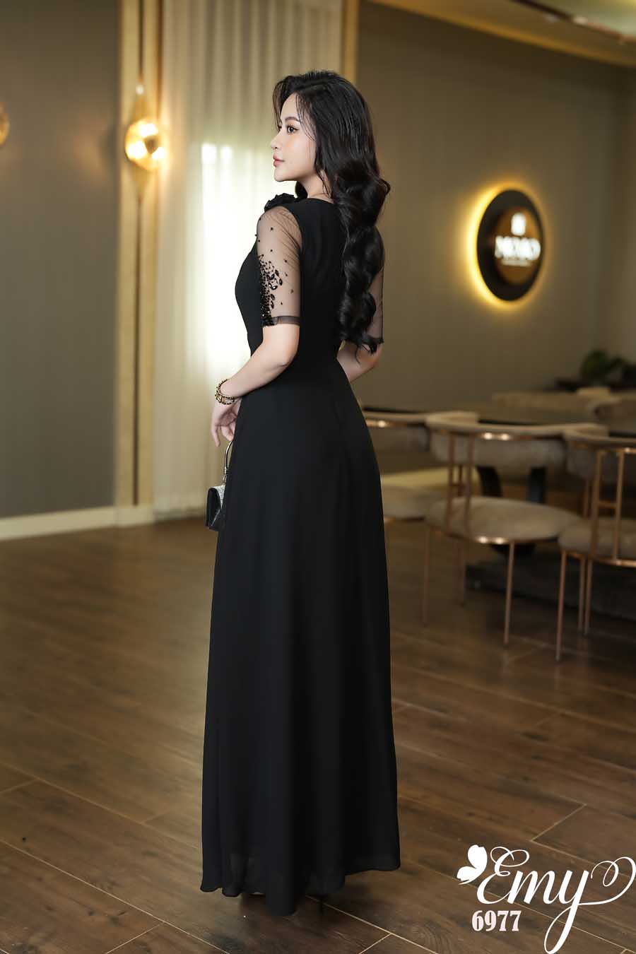 Đầm dạ hội kim sa đen thiết kế rớt vai sang trọng - D585 - AloraShop21
