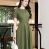 EM7065 Đầm Xoè Xanh Rêu Cổ Tròn