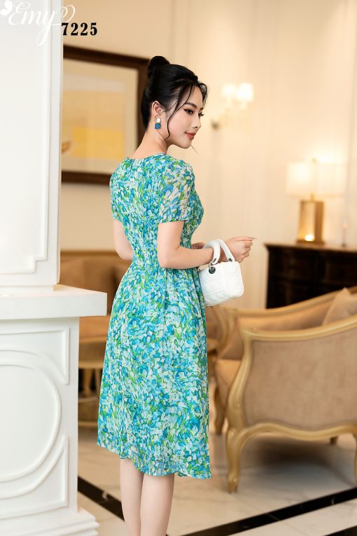 EM7225 Đầm Xoè Hoa Nhí Xanh