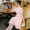 EM7190 Đầm Xoè Hồng Cổ Tròn
