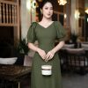 EM7224 Đầm Xoè Xanh Rêu Cổ V