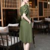EM7224 Đầm Xoè Xanh Rêu Cổ V