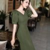 EM7224 Đầm Xoè Xanh Rêu Cổ V