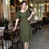 EM7224 Đầm Xoè Xanh Rêu Cổ V