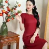 EM7422 - Đầm Suông Đỏ Hạt Cổ