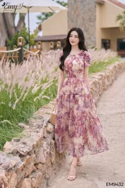 EM9432 Đầm voan tơ hoa tím pastel