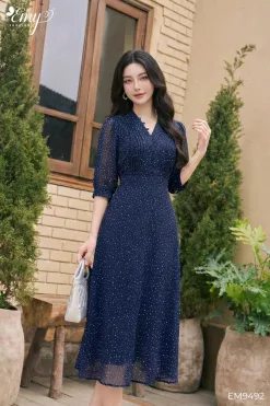 EM9492 Đầm X&ograve;e Chấm Bi Cổ V Tay Lỡ