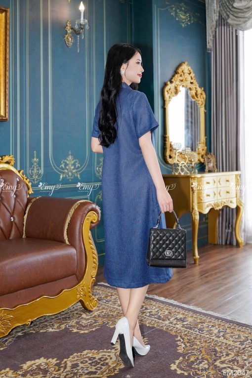 EM2047 Đầm Suông Linen Xanh Jean