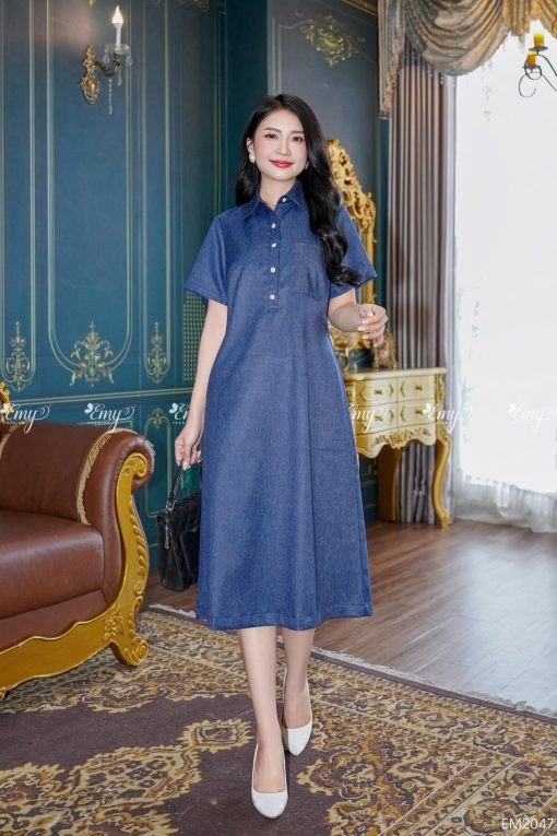 EM2047 Đầm Suông Linen Xanh Jean