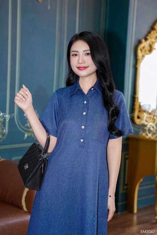 EM2047 Đầm Suông Linen Xanh Jean