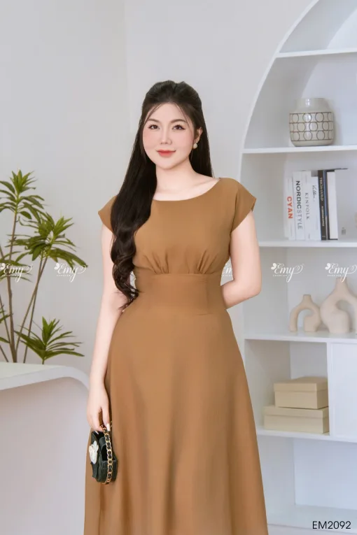 EM2092 Đầm Xoè Nâu Organza