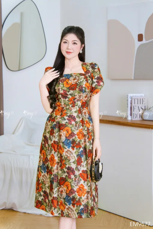 EM9577 Đầm Xoè A Gấm Hoa