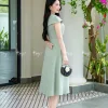 EM4004 Đầm Xoè Cổ Lệch Xanh Bơ