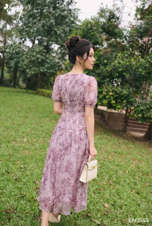 EM2143 Đầm Xoè Dạo Phố Vải Voan Hoa Hồng