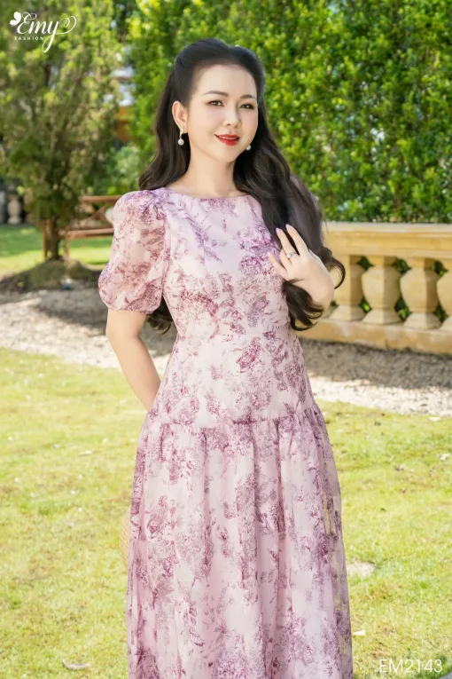 Đầm Xoè Dạo phố Vải Voan Hoa Hồng EM2143