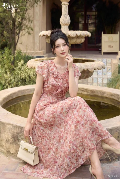 EM9609 - Đầm Xoè Hoa Hồng Dạo phố