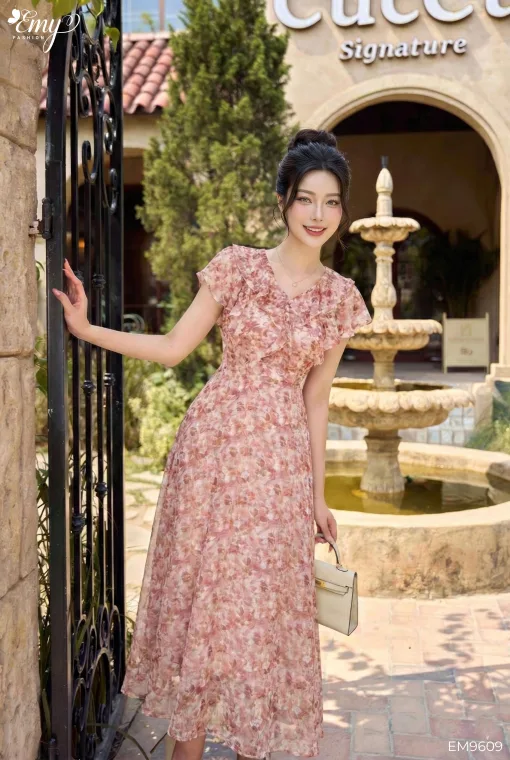 EM9609 - Đầm Xoè Hoa Hồng Dạo phố