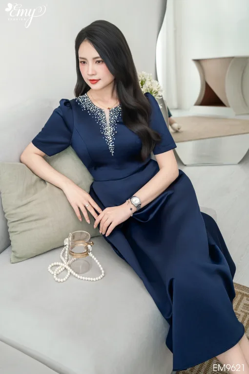 Đầm Xoè Dự tiệc Tafta Phi Xanh Đen EM9621