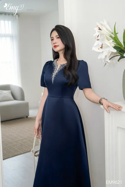 Đầm Xoè Dự tiệc Tafta Phi Xanh Đen EM9621
