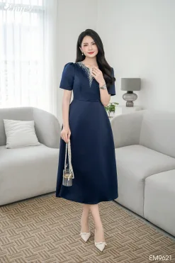 Đầm Xoè Dự tiệc Tafta Phi Xanh Đen EM9621