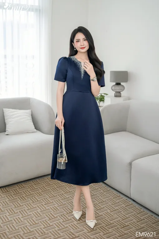 Đầm Xoè Dự tiệc Tafta Phi Xanh Đen EM9621