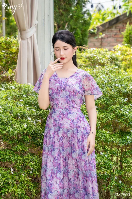 Đầm Xoè dạo phố Hoa Tím Choàng Vai EM9500