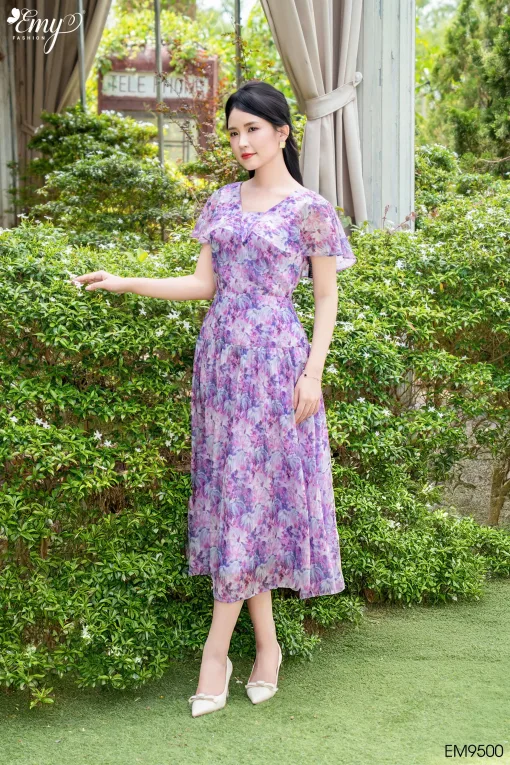Đầm Xoè dạo phố Hoa Tím Choàng Vai EM9500