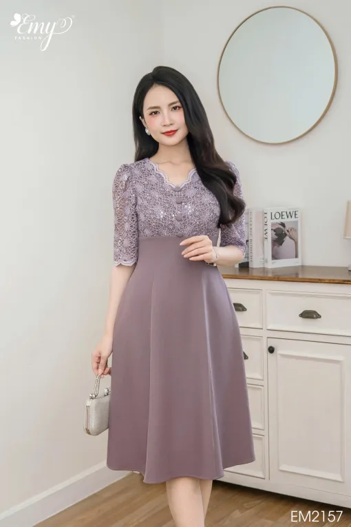 EM2157 Đầm Xoè Ren Tím Kim Sa