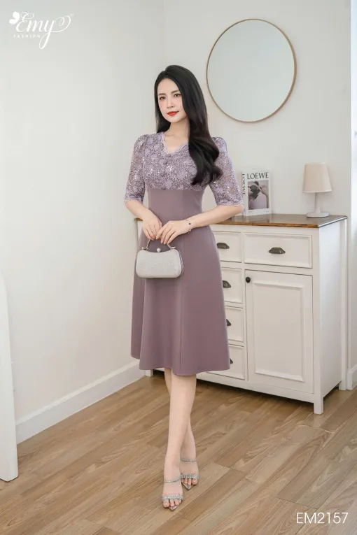 EM2157 Đầm Xoè Ren Tím Kim Sa