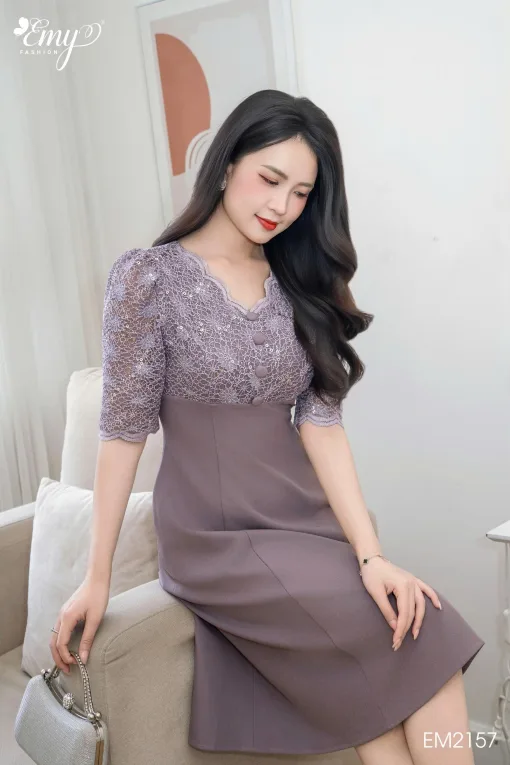 EM2157 Đầm Xoè Ren Tím Kim Sa