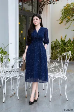EM9492 - Đầm Xòe Chấm Bi Cổ V Tay Lỡ
