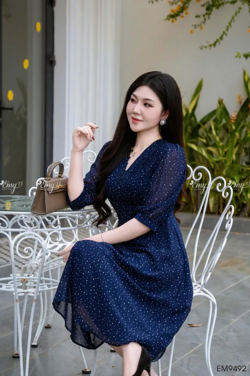 EM9492 - Đầm Xòe Chấm Bi Cổ V Tay Lỡ
