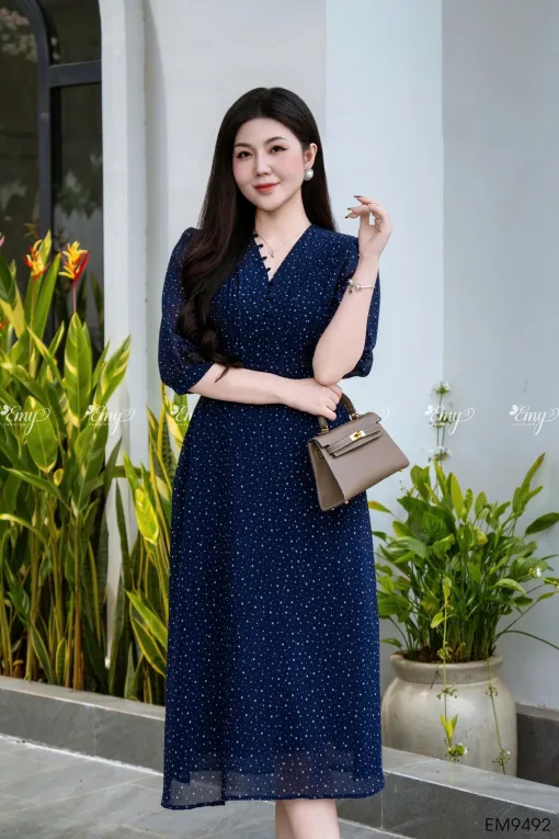 EM9492 - Đầm Xòe Chấm Bi Cổ V Tay Lỡ