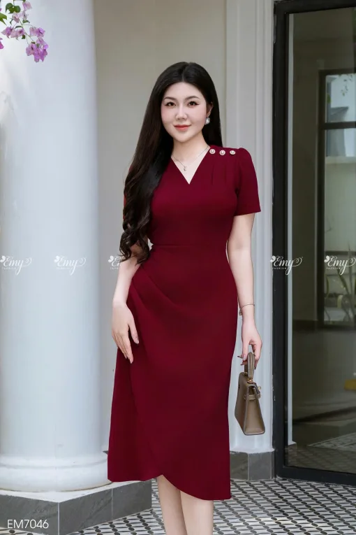 EM7046 Đầm Body Đỏ Vai Kết Nút