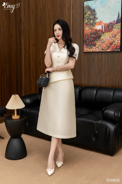 EM4035 - Đầm Xoè Peplum Trắng