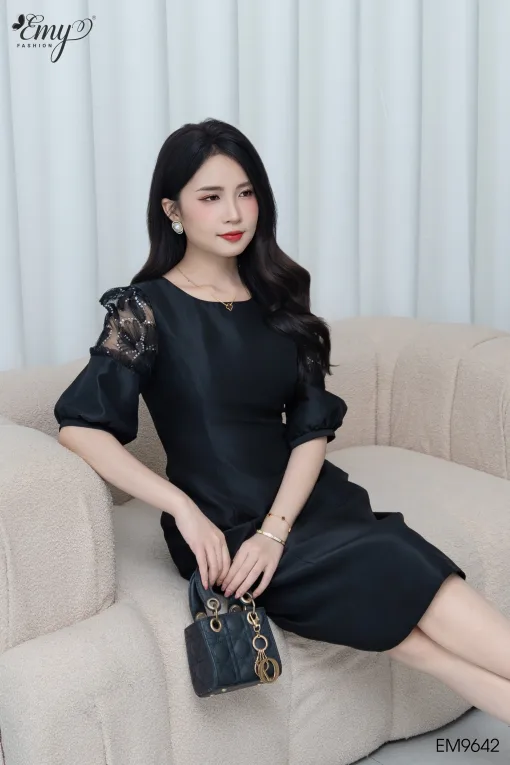 EM9642 - Đầm Xoè Đen Tay Lỡ Phối Ren