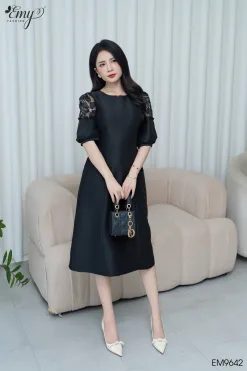 EM9642 - Đầm Xoè Đen Tay Lỡ Phối Ren