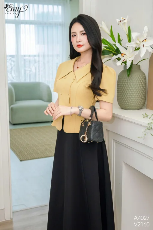 A4027 Áo Vàng Phối Lá Cổ