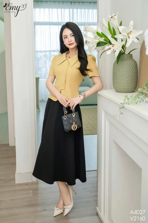 A4027 Áo Vàng Phối Lá Cổ