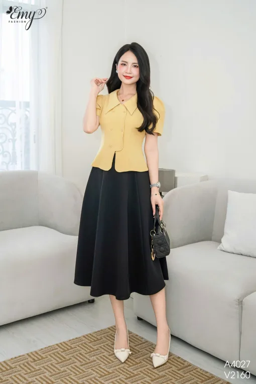 A4027 Áo Vàng Phối Lá Cổ