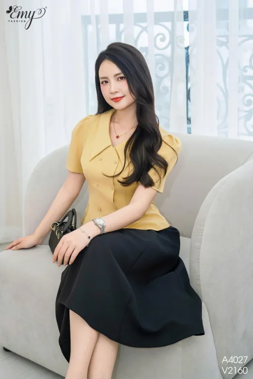 A4027 Áo Vàng Phối Lá Cổ