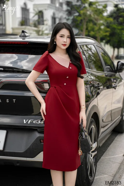 EM2183 Đầm Body Đỏ Xếp Ply Eo