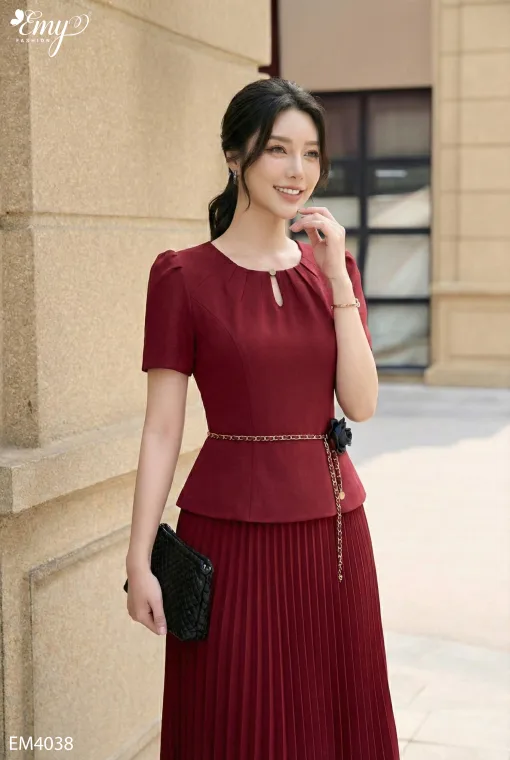 EM4038 Đầm Xòe Peplum Đỏ Xếp ply