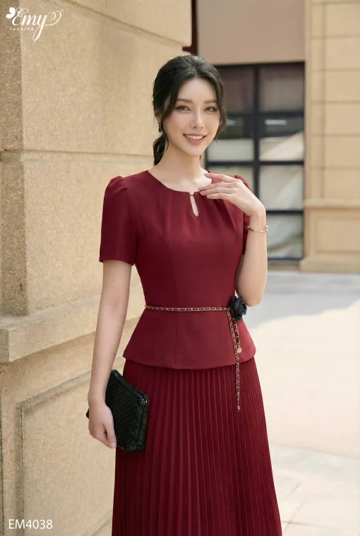 EM4038 Đầm Xòe Peplum Đỏ Xếp ply