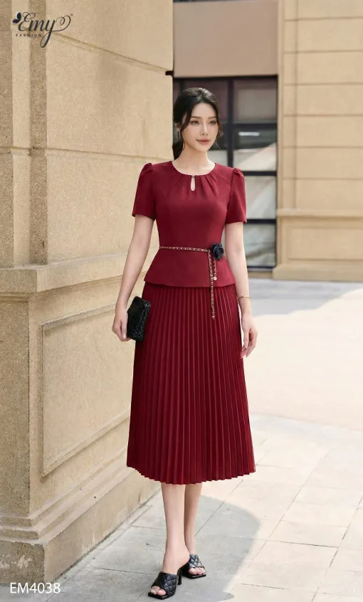 EM4038 Đầm Xòe Peplum Đỏ Xếp ply