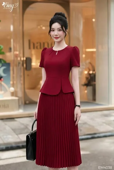 EM4038 Đầm Xòe Peplum Đỏ Xếp ply EM4038 Đầm Xòe Peplum Đỏ Xếp ply