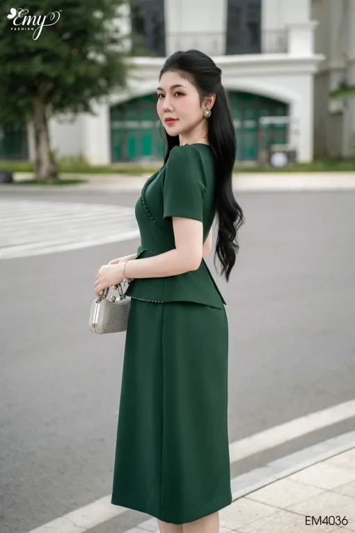 EM4036 Đầm Xoè Peplum Xanh