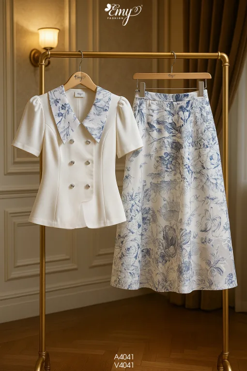 A4041 Áo Trắng Phối Lá Cổ Ánh Kim