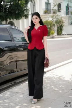 A4040 Áo Đỏ Peplum Phối Logo Emy